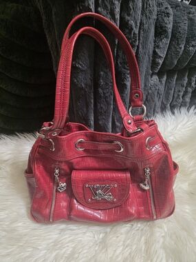 Kathy Van Zeeland Red Croc-Embossed Shoulder Bag with Silver Hardware